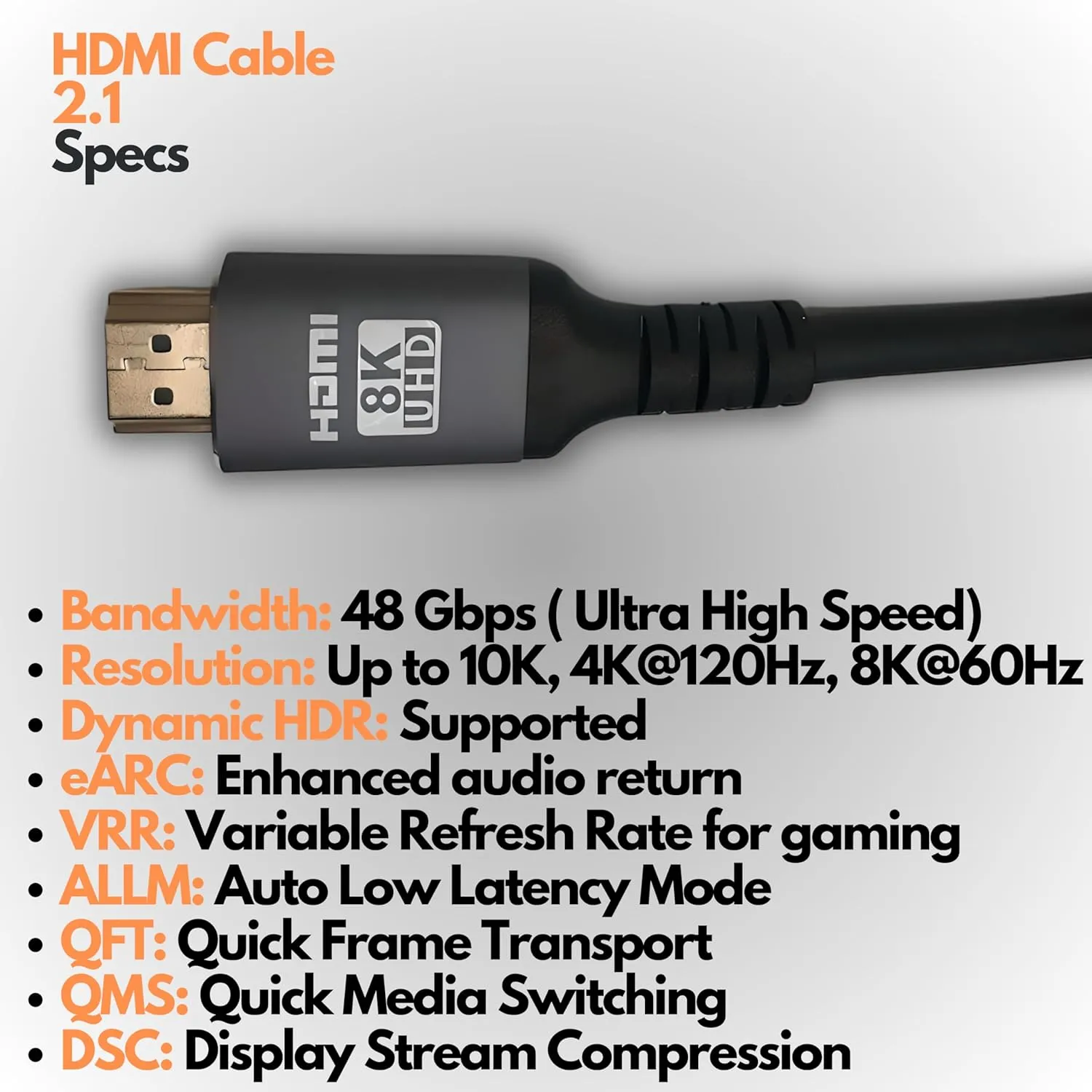 8K HDMI Cable 2.1 Durable Wire Lead 120 FPS 4K@60HZ VRR Dynamic HDR eARC 48Gbps