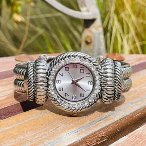 Accutime Watch Corp Japan Silver Tone Ribbed White Rhinestone Ladies Wrist Watch