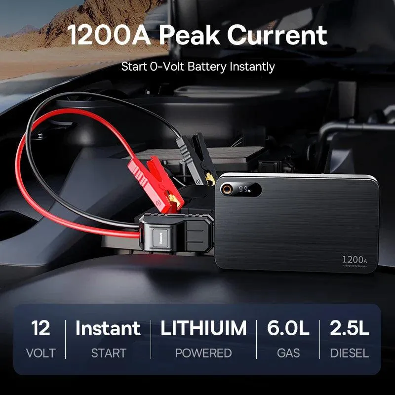 Baseus 1200A Portable Emergency Car Jump Starter Power Bank - 12000mAh Battery Station for Up to 6L Vehicles