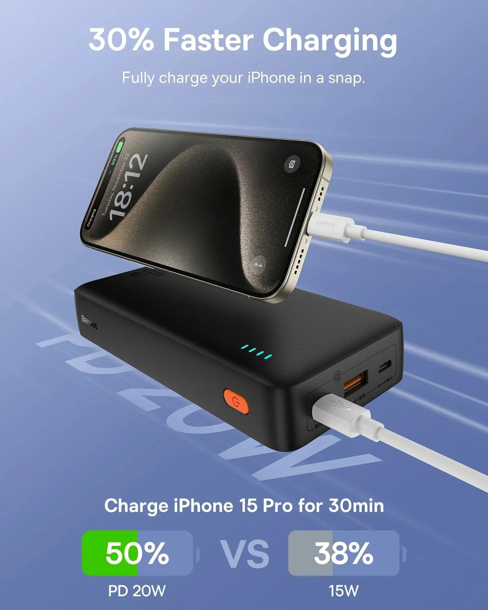 Baseus 20000mAh Fast Charge Power Bank with PD 20W for iPhone 15/14/13/12 Pro Max