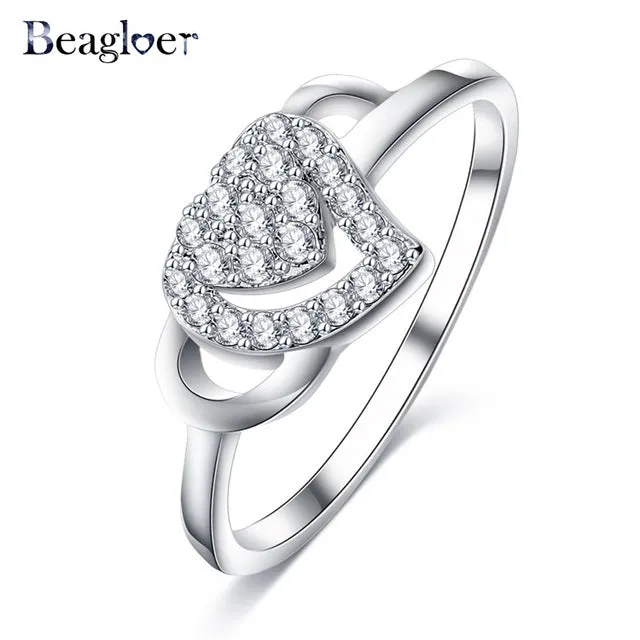 Beagloer Two-Tone Connected Rose Gold/Silver Color Love Heart Wedding Ring Promise Anillos CRI1035