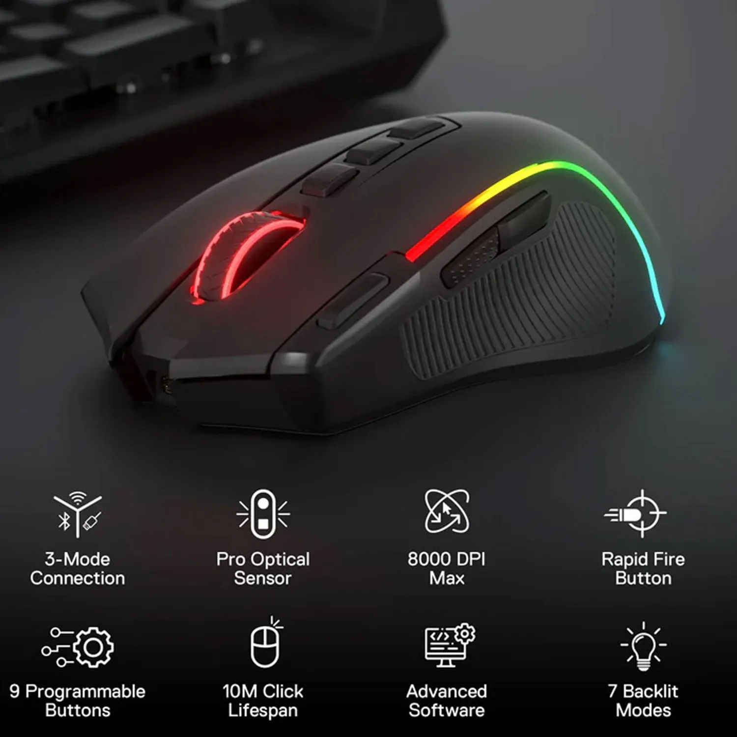 BOLT AXTION M612 RGB Gaming Mouse, 8000 DPI, 11 Programmable Buttons, 5 Backlit Modes