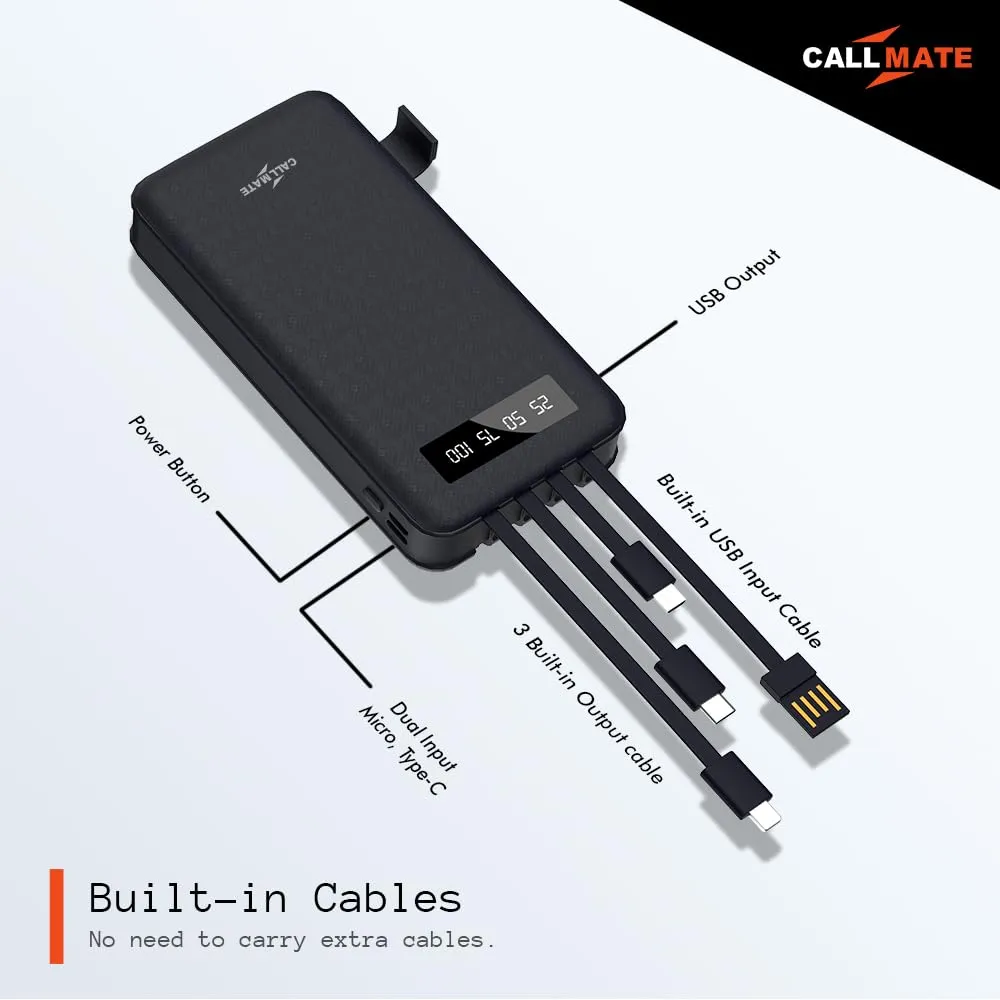 CALLMATE 20000Mah Power Bank, 15W Fast Charging| Buit-in Cables | 4 Output Ports and 3 Input | for iPhone, Smartphones & Other Devices (15 W, Fast Charging) (Black, Lithium Polymer)