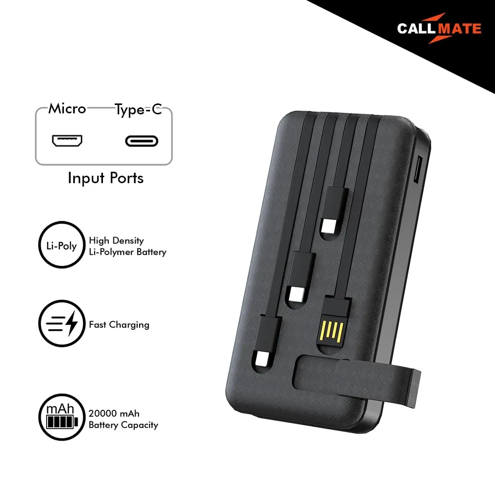 CALLMATE 20000Mah Power Bank, 15W Fast Charging| Buit-in Cables | 4 Output Ports and 3 Input | for iPhone, Smartphones & Other Devices (15 W, Fast Charging) (Black, Lithium Polymer)