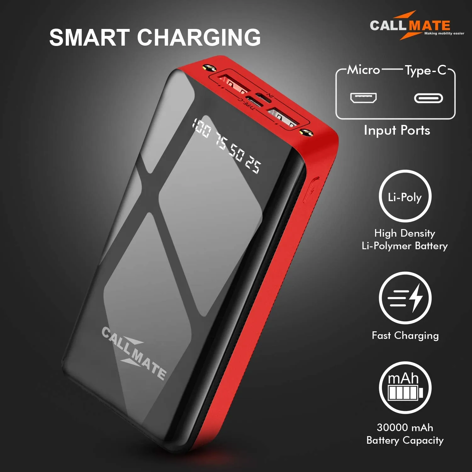 CALLMATE 30000Mah High Capacity Power Bank,15W Charging|Digital Display|2 USB Output Ports&2 Input|Led Torch| Multi-Layer Protection for iPhone&Smartphones(Red,Lithium Polymer)?Red