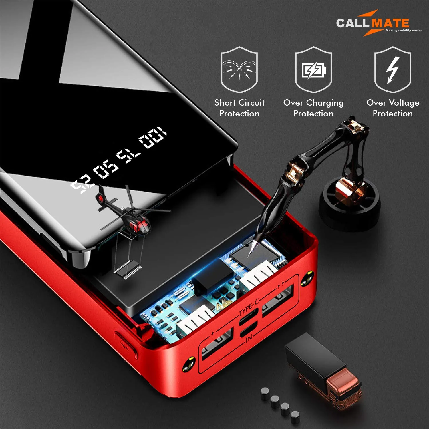 CALLMATE 30000Mah High Capacity Power Bank,15W Charging|Digital Display|2 USB Output Ports&2 Input|Led Torch| Multi-Layer Protection for iPhone&Smartphones(Red,Lithium Polymer)?Red