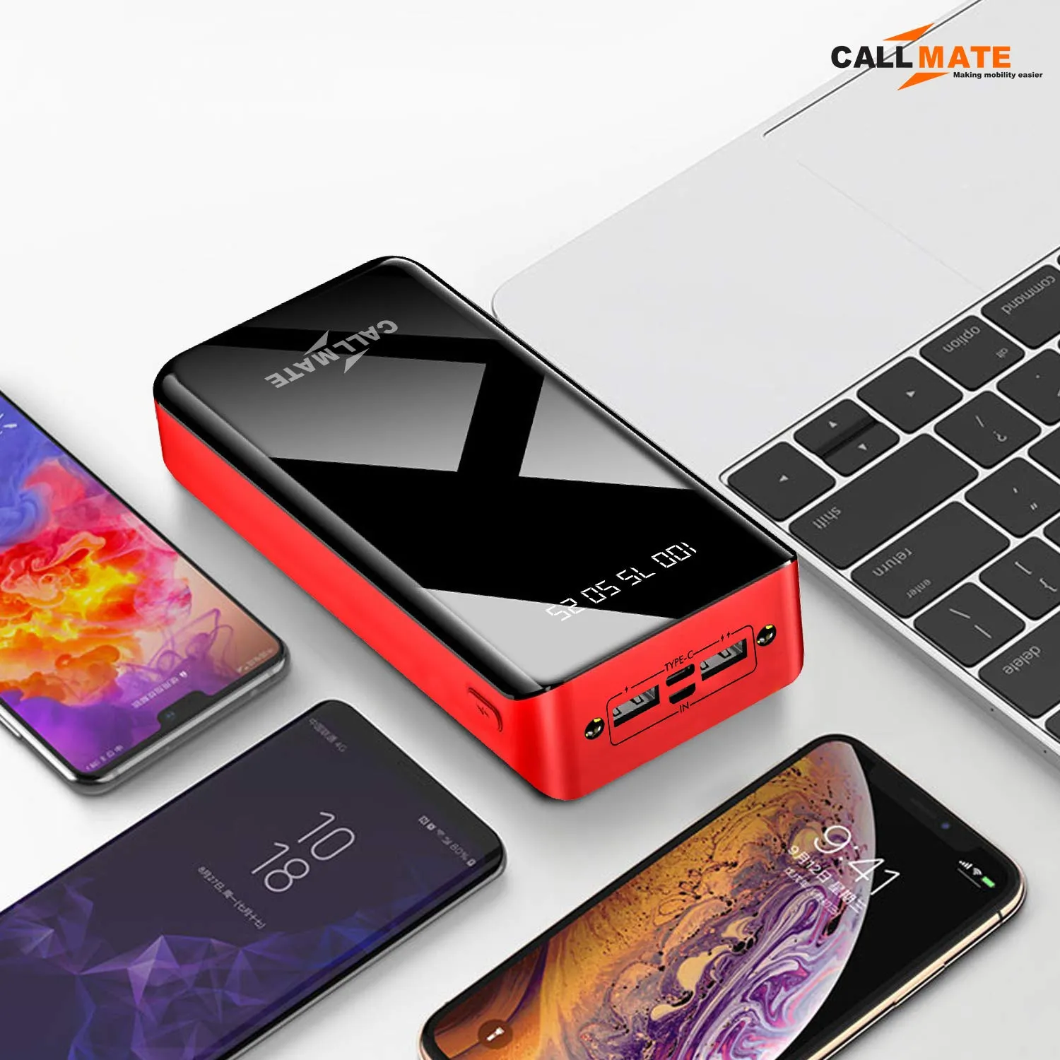 CALLMATE 30000Mah High Capacity Power Bank,15W Charging|Digital Display|2 USB Output Ports&2 Input|Led Torch| Multi-Layer Protection for iPhone&Smartphones(Red,Lithium Polymer)?Red