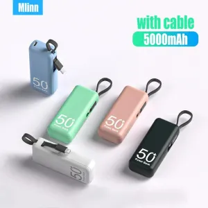 Compact 5000mAh Power Bank with Built-in Cable for iPhone, Samsung, and Xiaomi Devices