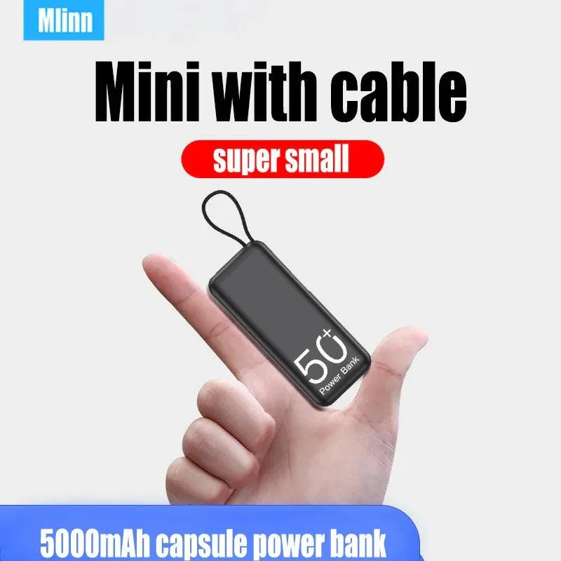 Compact 5000mAh Power Bank with Built-in Cable for iPhone, Samsung, and Xiaomi Devices