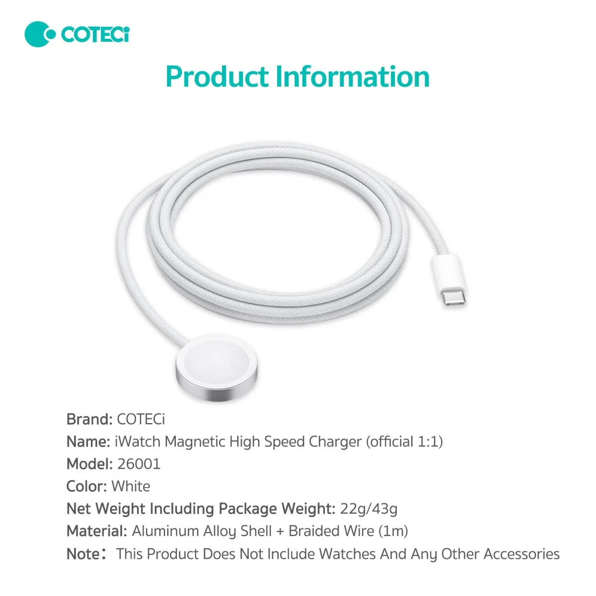 COTECi iWatch Magnetic Fast Charger to USB C Cable 1M - 26001