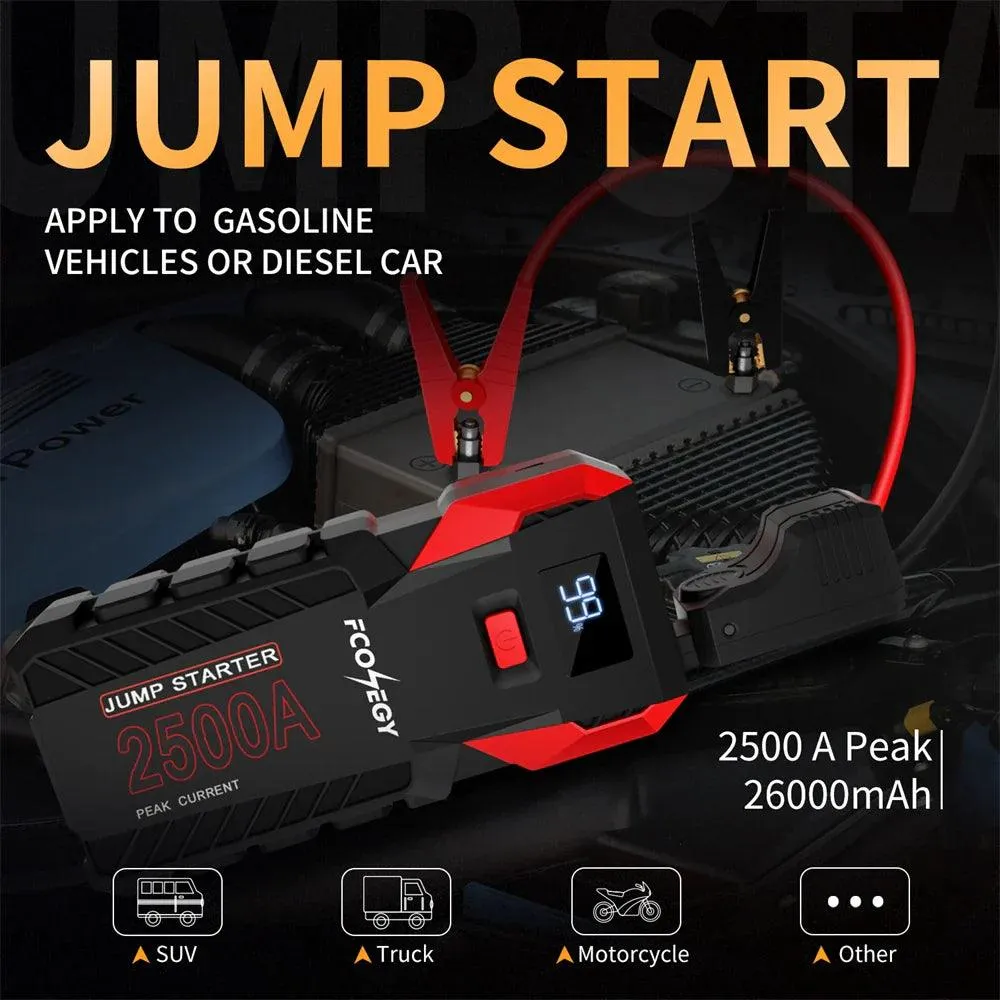 FCONEGY 2500A Emergency Car Jump Starter with 26000mAh Power Bank and Smart Safety Features