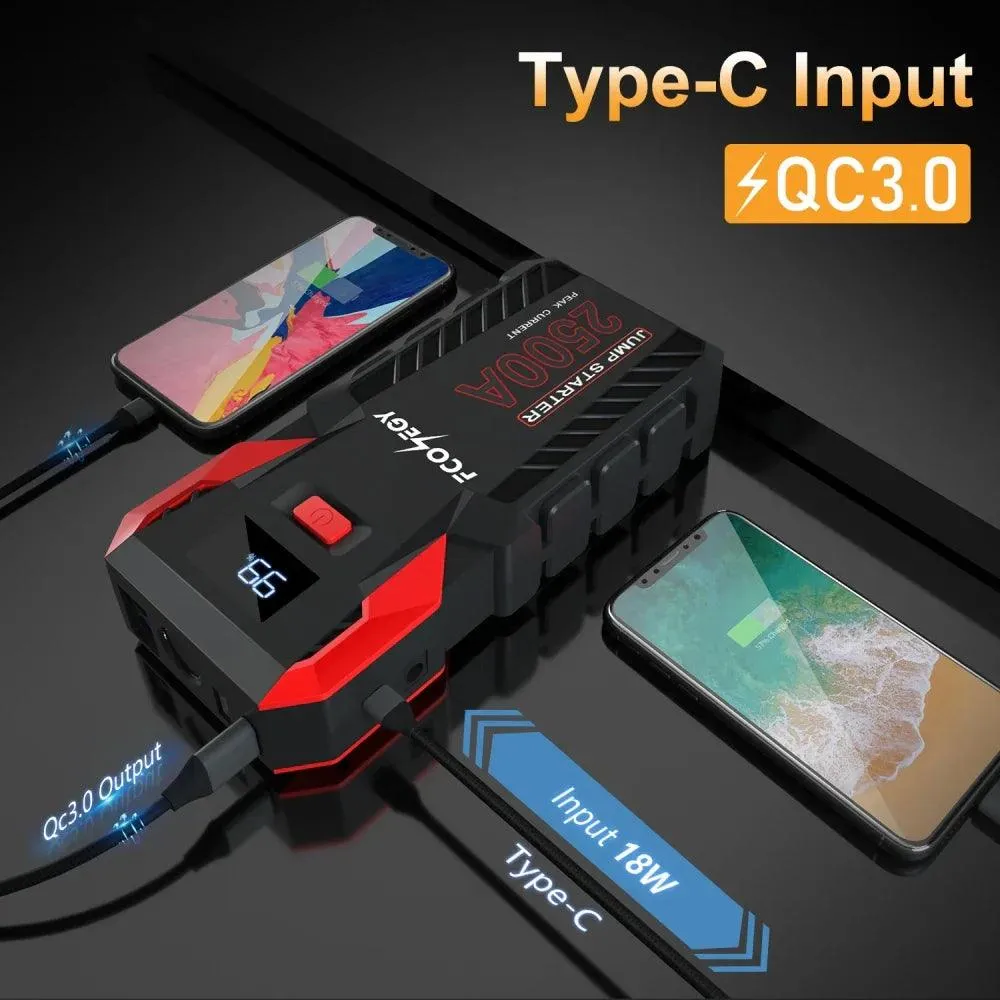 FCONEGY 2500A Emergency Car Jump Starter with 26000mAh Power Bank and Smart Safety Features