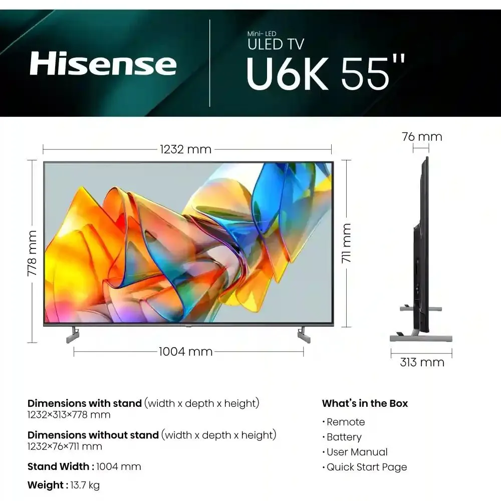 Hisense U6 Series 55U6KQTUK 55" QNED 4K Ultra HD Mini-LED Smart TV - Grey