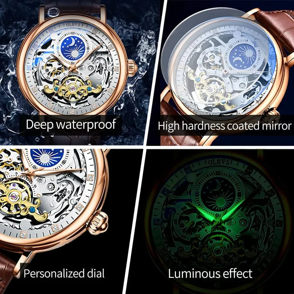 Luxury Timekeeping Moon Phase Mechanical Watch for Men - Dual Time Zone Display, Waterproof Automatic Skeleton Design