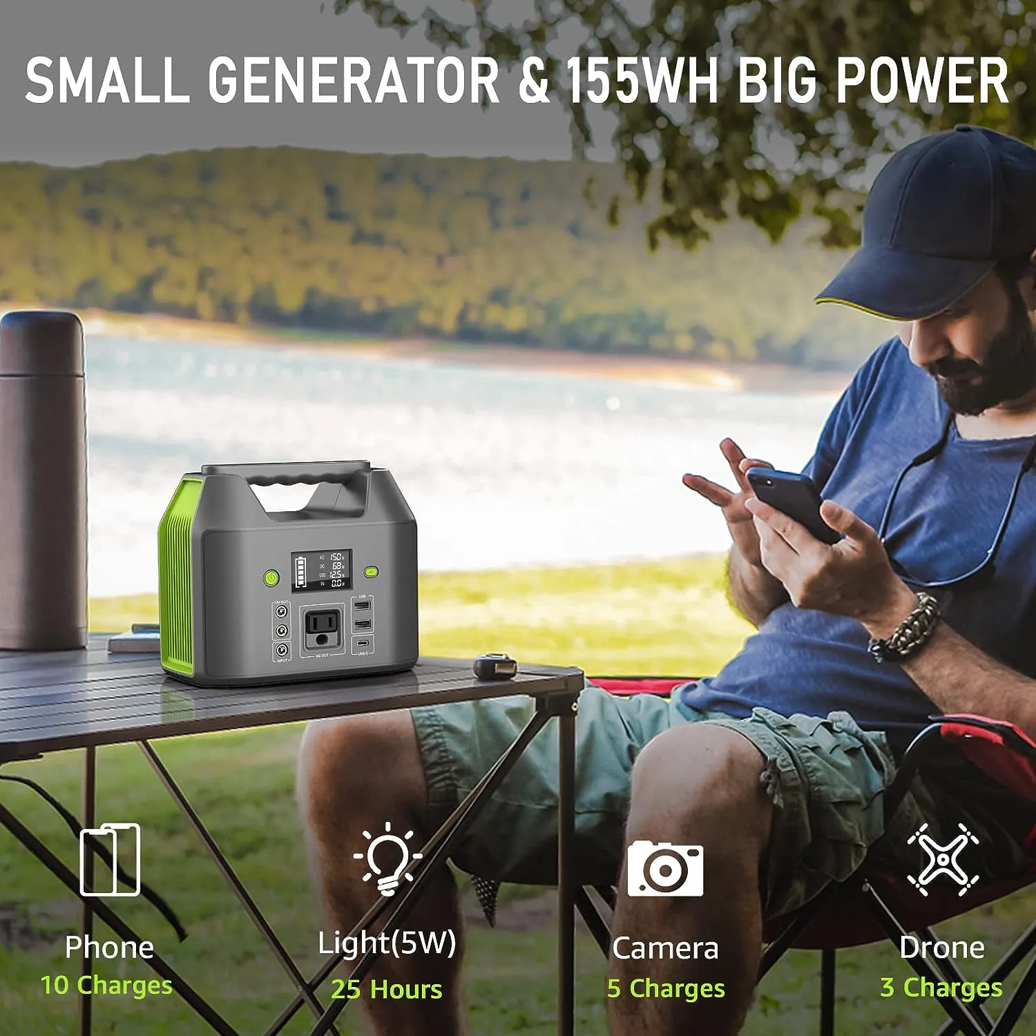 Portable Power Station, 150W 155Wh Power Bank with 110V AC Outlet, 6 Outputs External Battery Pack   Laptop Charger with LED Light for Camping