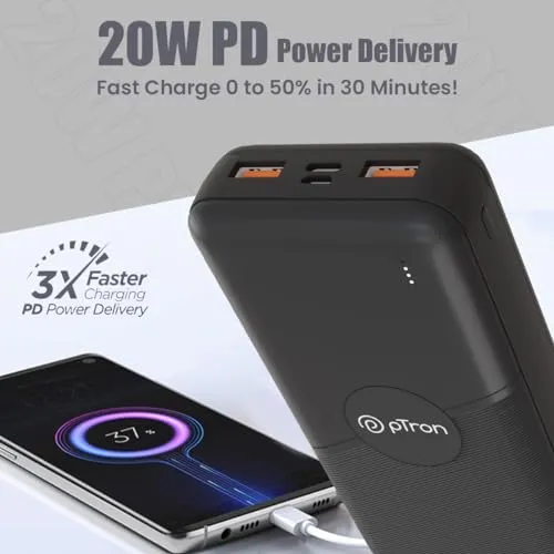 pTron Dynamo Classic 20000mAh 22.5W Power Bank, Supports VOOC/Wrap/Dash USB Charging, 20W PD Fast Charging, 3 Outputs, 2 Inputs Type-C/PD & Micro USB, Multi Layers of Protection (Black)