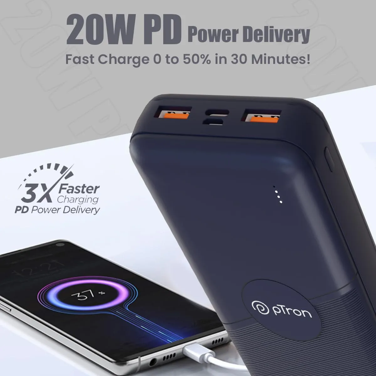 pTron Dynamo Classic 20000mAh 22.5W Power Bank, Supports VOOC/Wrap/Dash USB Charging, 20W PD Fast Charging, 3 Outputs, 2 Inputs Type-C/PD & Micro USB, Multi Layers of Protection (Blue)