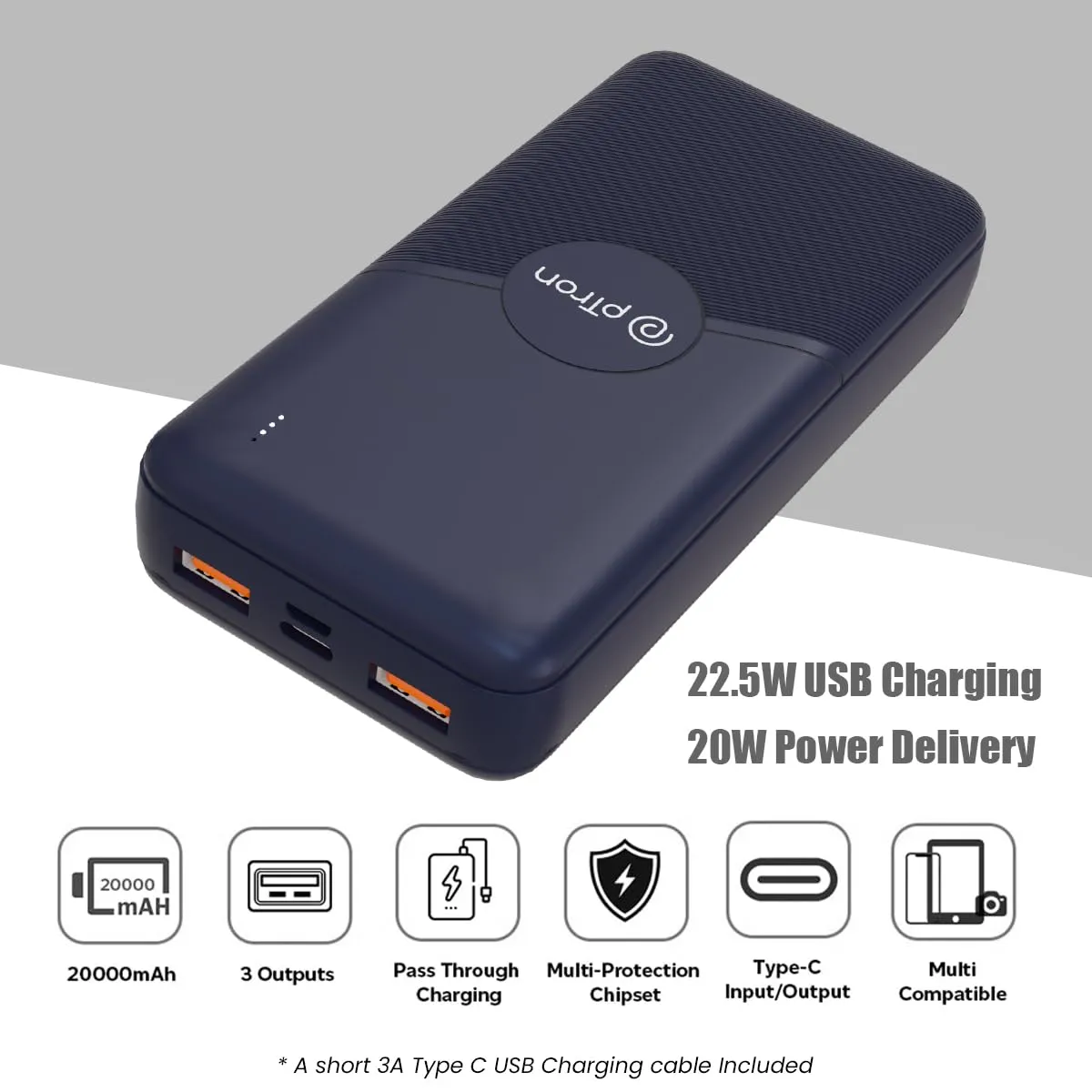 pTron Dynamo Classic 20000mAh 22.5W Power Bank, Supports VOOC/Wrap/Dash USB Charging, 20W PD Fast Charging, 3 Outputs, 2 Inputs Type-C/PD & Micro USB, Multi Layers of Protection (Blue)