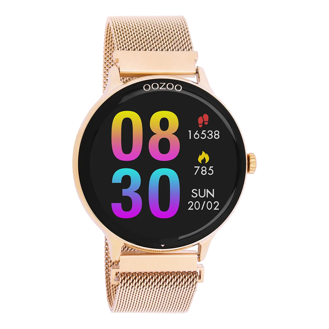 Rose gold coloured OOZOO smartwatch with rose gold coloured metal mesh bracelet - Q00138