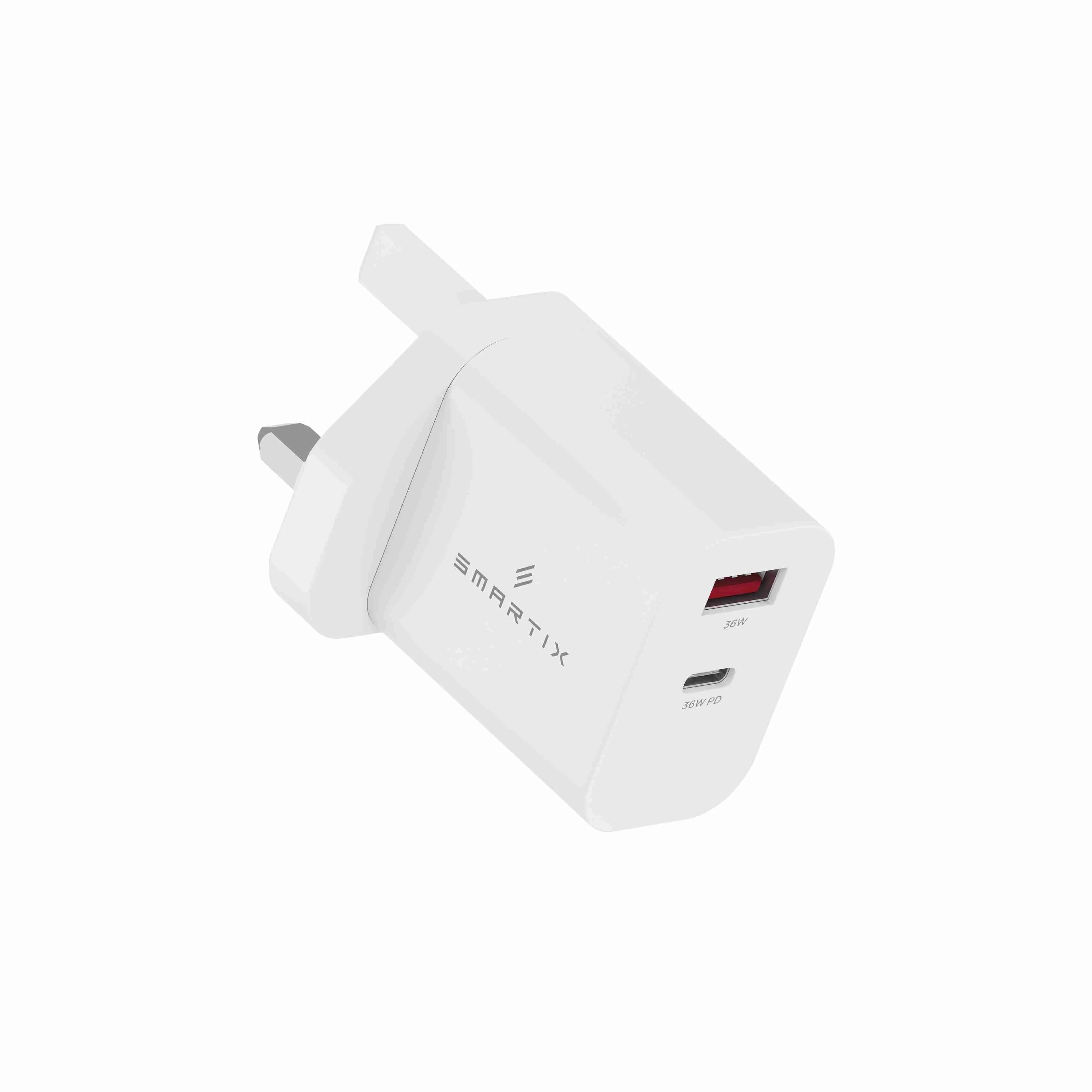 Smartix Premium Dual Port 36W USB-C PD & 36W USB-A QC Fast Charger for Smartphone, Laptop, Computer & Tablets, Compatible with iPhone (15/14/13/12/11, XS/X), Samsung & Others - White (Cable Excluded)