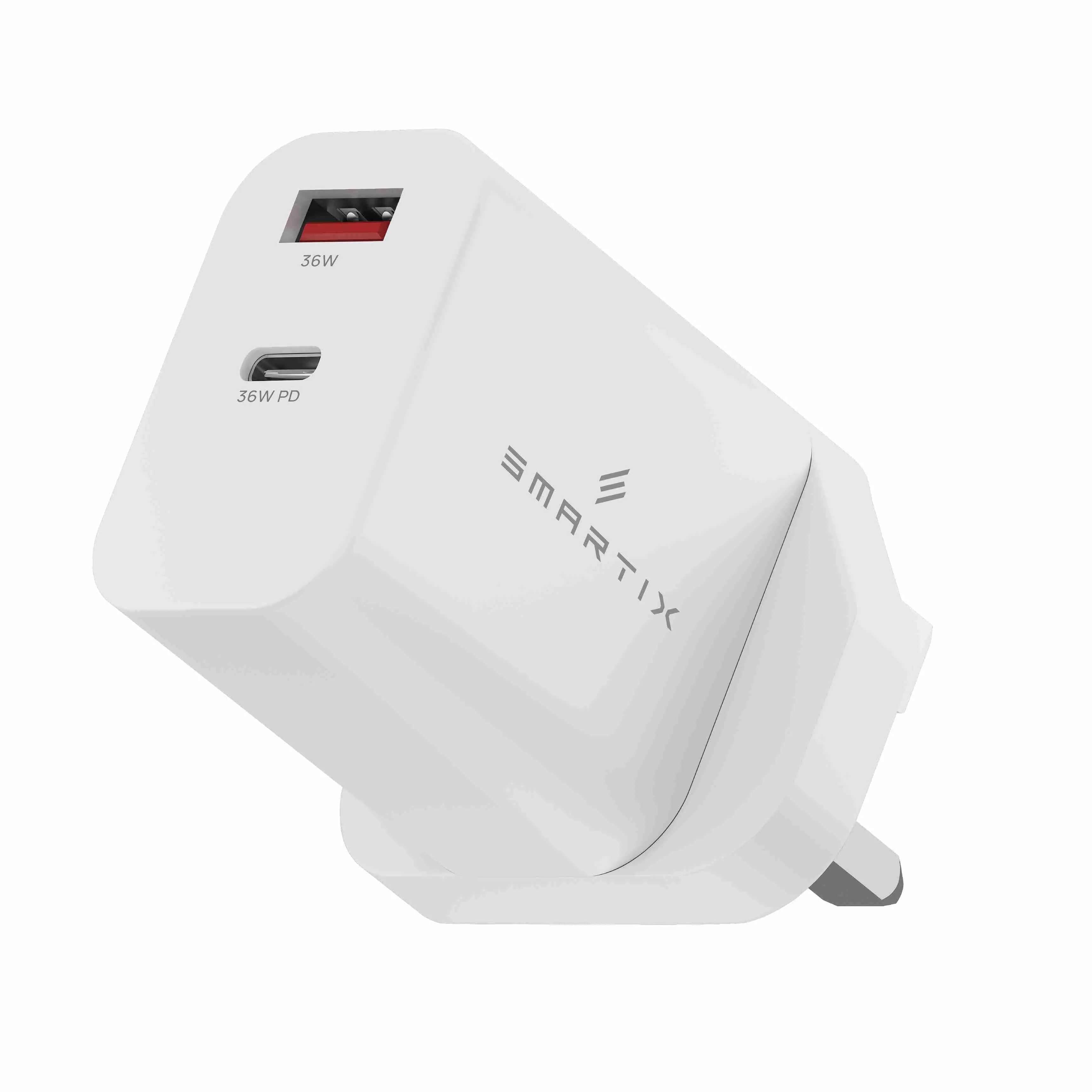 Smartix Premium Dual Port 36W USB-C PD & 36W USB-A QC Fast Charger for Smartphone, Laptop, Computer & Tablets, Compatible with iPhone (15/14/13/12/11, XS/X), Samsung & Others - White (Cable Excluded)